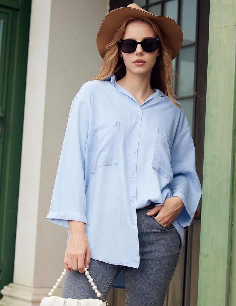 Yimoon Womens Denim Shirt Chambray Blue Button Down Jean Shirt Denim Tops Soft Tencel Casual 3/4 Sleeve Jackat(LightBlue-L) - Image 5